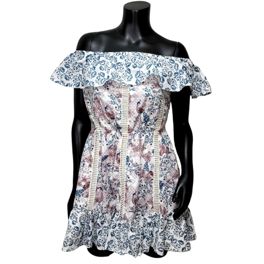 Tularosa Off The‎ Shoulder Floral Peacock Mini Dress Blue Burgundy White M